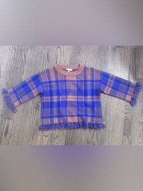 Anthropologie Moon River Rust & Cobalt Plaid Knit Fringe Sweater - XS